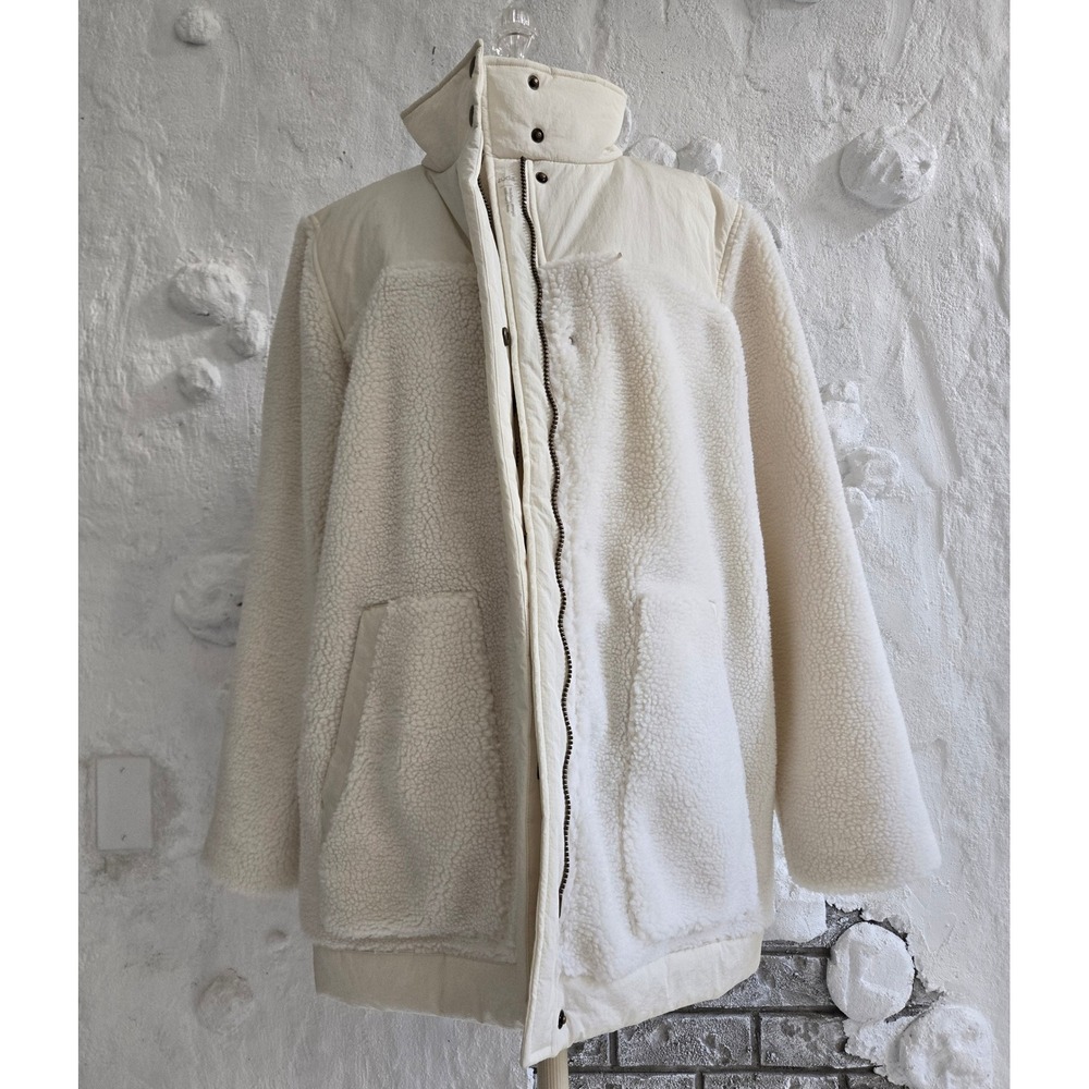 Zuda Cream Sherpa Fleece Mixed Media Funnel Neck Jacket Ivory Pockets Size Large
